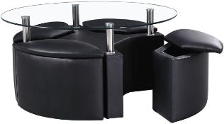 1 x Dakota Round Coffee Table with 4 Ottoman Storage Stools - Colour: BLACK - CL112 - Location: