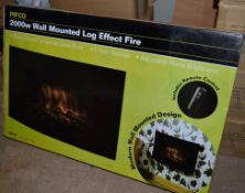 1 x Pifco 2000w Wall Mounted Log Effect Electric Fire - Contemporary Black Curved Tempered Glass