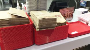 1 x Assorted Lot Including 86 Red Plastic Food Trays, Take Away Cup Holders, Brown Food Bags and