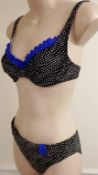 1 x Rasurel - Black Polka dot with royal blue trim & frill Tobago Bikini - B21068 - Size 2C - UK