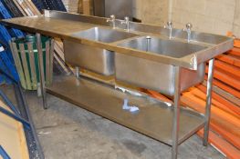 1 x Stainless Steel Double Bowl Sink Counter With Plug Straines - H87 x W251 x D60 cms - Ref GD212 -