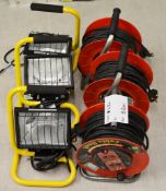 6 x 240v Site Lights and Cable Reel Plug Extentions - Includes 3 of Each - Ideal For Building Sites,
