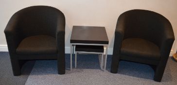 2 x Tub Chairs Upholstered in Dark Grey Fabric Plus Two Small Side Tables - Ideal For Reception