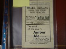 A War Charity International Wales v England football programme at Ninian Park, May 1945
