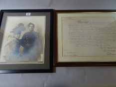 A framed Cardiff Studio photograph of a Edwardian period Hussar and his wife, 13 x 11 ins (34 x 28