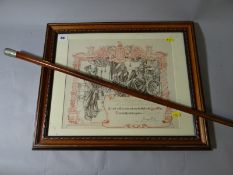 A Royal Welsh Fusiliers regimental cane together with a framed Certificate of Discharge to Pte.