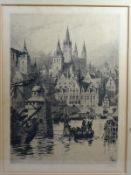 AXEL H HAIG etching of a Royal Barge towing a war-torn vessel into port, dated 1891, signed, 12 x