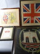 Four framed military tapestries and silk flags