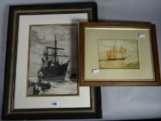 C W WYLIE etching of the National Line Steamer 'France' entering Portsmouth harbour on return from