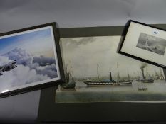 Two prints of naval scenes together with a framed print of a Harrier jump jet