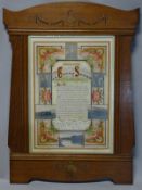 An oak framed finely painted and illustrated illuminated address for P.C. Shellum dated 1913, 40 x