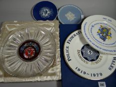 A presentation cased east German Transport Police crystal plate together with four others