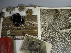 A WWII War Department compass together with four badges, pocket Bible and photograph relating to