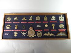 Twenty-three assorted metal and cloth badges and insignia inside a wooden frame with removable