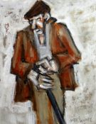 MIKE JONES mixed media - old farmer with stick, entitled verso 'Farmer with Stick', signed, 10 x 8