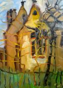 MICHAEL MONAGHAN oil on board - church with leafless trees to the front, signed, 15.25 x 11.5 ins (
