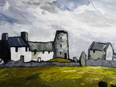 OWEN MEILIR oil on canvas - whitewashed cottages and farm buildings, Anglesey Windmill, signed, 10.5