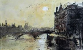 WILLIAM SELWYN watercolour and pencil - view of River Seine with bridge and buildings, entitled