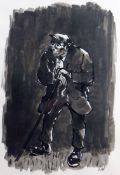 SIR KYFFIN WILLIAMS RA pen and wash - farmer leaning on walking stick, entitled verso 'Farmer',