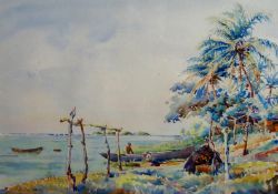 F. H. GLAZEBROOK watercolour a pair - 1) fishermen in tropical lagoon, 2) view of distant tropical