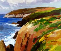 DONALD McINTYRE acrylic - coastal scene with waves breaking onto rocks with headland in