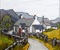 DAVID BARNES oil on board - roadway with whitewashed cottages with mountains in background, Albany