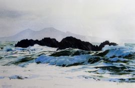 ROB PIERCY print - seawater breaking onto rocks with mountains in background, entitled 'Creigiau