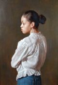 HARRY HOLLAND oil on canvas - three quarter portrait of a standing woman, arms folded and looking to
