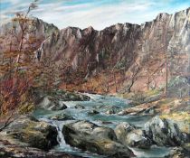 GWYNETH TOMOS oil on canvas - stream running down from mountainside in Winter, entitled verso '