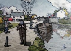ALAN (E A) WILLIAMS acrylic on board - males on tow path pulling barge with canal lock and cottage
