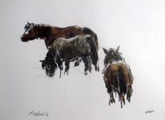 SIR KYFFIN WILLIAMS RA coloured print - three ponies, signed in full, 9.5 x 12.5 ins (24 x 32