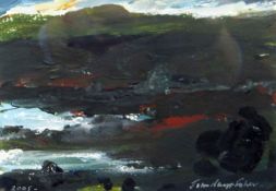 JOHN KNAPP FISHER oil on card - waves breaking on rocks with mountains in background, signed and