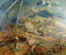 GARETH PARRY oil on canvas - farm buildings with mountains in background, entitled verso 'Tirlun Haf