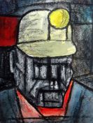 DAVID HUGHES charcoal and watercolour - miners head wearing helmet with lamp, entitled verso '