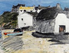 DONALD McINTYRE mixed media - harbour side scene with boats and cottages, signed with initials, 6.