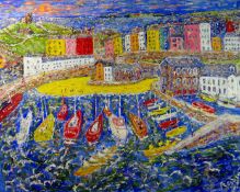 GWYNNE ROBINS oil on canvas - a view of harbour believe to be Tenby with sailing boats moored in the