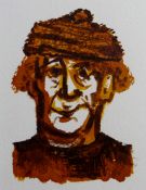 KAREL LEK watercolour - head and shoulders sepia portrait of a gentleman in woolly hat, 7.5 x 5.5