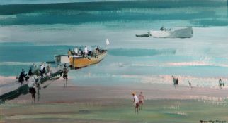 DONALD McINTYRE acrylic on paper - figures boarding a sailing boat from jetty, entitled verso '