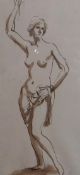 AUGUSTUS JOHN pen and ink - study of a standing nude female with arm raised, 10 x 5 ins (25 x 13