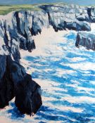 GWYN ROBERTS oil on canvas - West Wales coastal landscape entitled verso 'Stack Rocks,