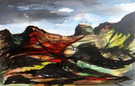 DAVID HUGHES mixed media - view of Stumble Head lighthouse in distance, entitled verso 'Stumble