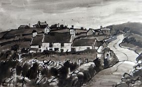 SIR KYFFIN WILLIAMS RA pen and inkwash - road through village with cottages on mountainside, South