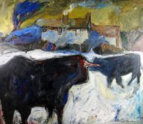 WENDY MURPHY oil on canvas - cows grazing in foreground with farm buildings in background, Albany