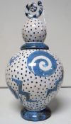 MORGEN HALL ceramic - blue and white glazed lidded biscuit-jar, 16ins high (41cms)