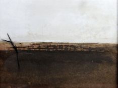ROGER CECIL mixed media on board - landscape study view to horizon over barren land, signed, bears