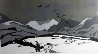 SIR KYFFIN WILLIAMS RA limited edition (44/150) linocut - farmer walking on mountainside with
