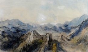 VALERIE GANZ watercolour - mountainous landscape surrounding the Great Wall of China, signed, 9.75 x