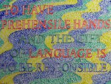 JONAH JONES watercolour and text - five lines of text on a multi-colour background, entitled '