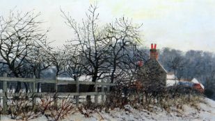 CHRISTOPHER HALL oil on board - farm in the snow, signed and dated 1979 and with title label verso