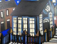 KARL DAVIES oil on canvas - chapel at night entitled verso 'Rhondda Chapel', signed verso and